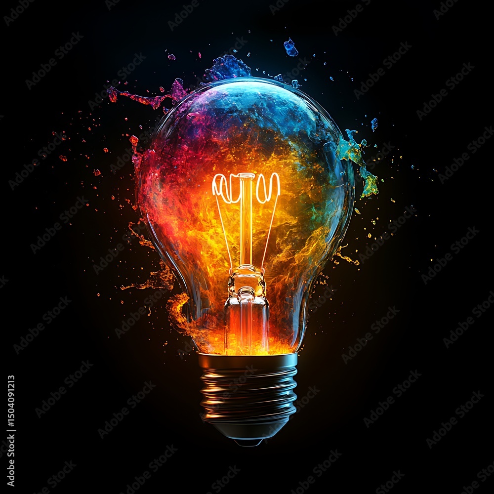 Poster stunning high resolution image of an illuminated lightbulb with a vibrant and colorful explosion eff