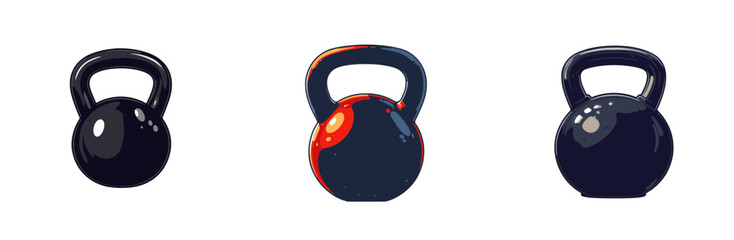 Cartoon vector illustration of three kettlebells in varying sizes representing strength and fitness