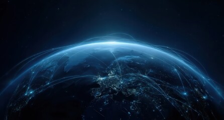 Global Network Connections Illuminated Earth with Data Streams and Light Trails