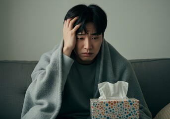 A sick man with tissue box sitting on the couch