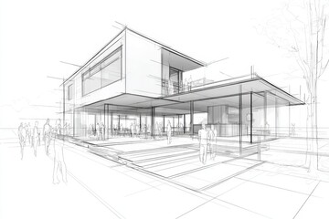 Architectural Sketch Modern House Design with Outdoor Patio and People