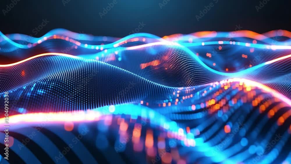 Poster vibrant digital waves of blue and orange light create abstract background, showcasing mesmerizing mo