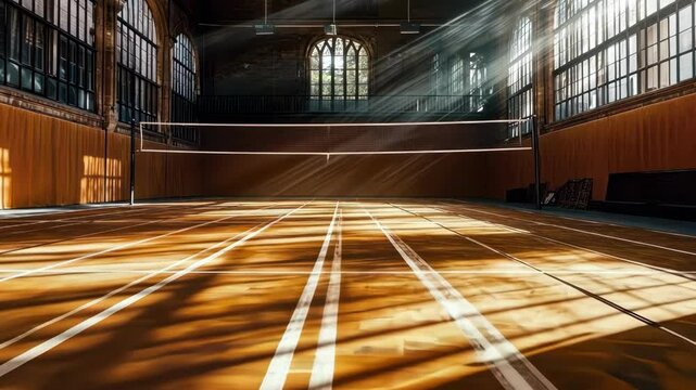 Volleyball court interior with sunlight streaming through windows creating sports mood. Indoor gym, volleyball, court, light, sports, sunlight, net.