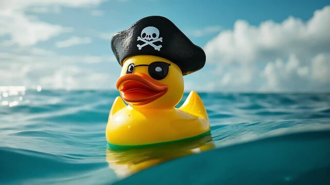 Pirate rubber duck with eye patch floating in ocean water under blue sky.