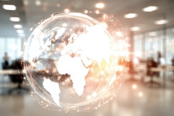 Global Network Connection Illuminated Earth Globe in Modern Office Setting