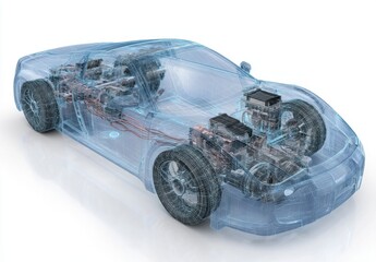Transparent Wireframe Model of a Modern Sports Car Showing Engine and Chassis Details