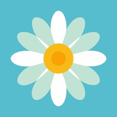 Yellow vector daisy flower illustration with green leaf design on a blue background, perfect for a spring or summer garden art decoration