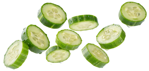 A close up of several cucumber slices with water droplets floating on a black background in studio light