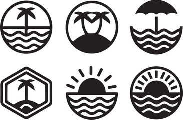 Vector Collection of Beach and Tropical Nature Icons with Palm Trees, Waves, and Sun