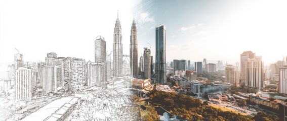 Fototapeta premium Kuala Lumpur Skyline A Blend of Architectural Sketch and Modern Cityscape