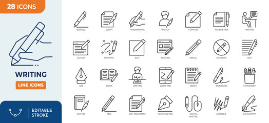 Writing line editable icon set. Containing write, pen,  note, pencil, edit, writer, document, text and more. Editable Stroke. Vector illustration.