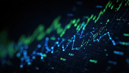 Abstract Blue and Green Stock Market Data Visualization on Dark Background