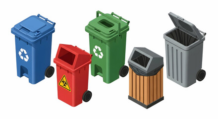 Isometric Illustration of Diverse Wheeled Recycling and Waste Bins
