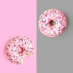 Donut photography abstract poster on grey and pink background.