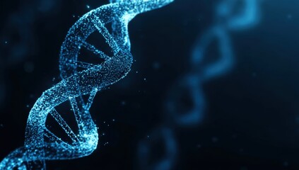 Abstract Blue DNA Strand, Glowing Particle Helix, Genetic Code Visualization
