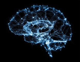 Abstract Blue Brain Neural Network, Glowing Connections, Digital Brain Structure