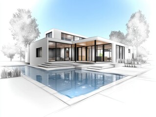 Modern House Architectural Sketch with Swimming Pool Design