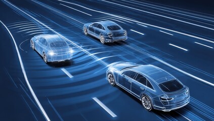Autonomous Vehicles Driving on Highway at Night, Wireframe Design, Futuristic Transportation Technology
