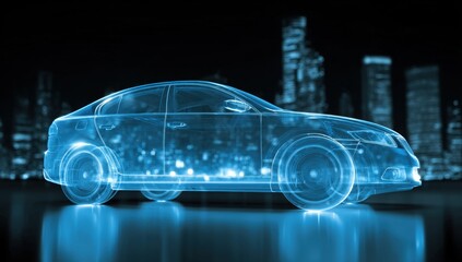 Futuristic Blue Car Hologram Design, Cityscape Background