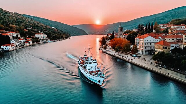  Coastal Voyage: A majestic vessel navigates a tranquil waterway at sunset, framed by a picturesque town and rolling hills, capturing the essence of peaceful travel.