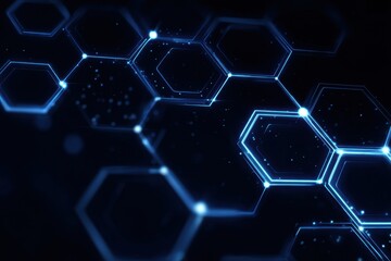 Abstract Blue Hexagon Network Glowing Lines and Nodes on Dark Background
