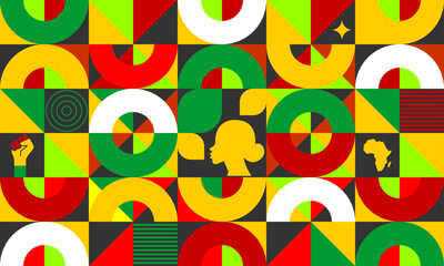 Juneteenth abstract background with traditional African-inspired patterns and symbolic red, yellow, and green colors. Perfect for celebrating African-American heritage and Freedom Day
