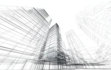 Architectural Wireframe Rendering of Modern City Buildings, Skyscrapers, and Urban Structures