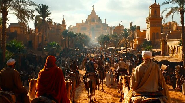 Desert marketplace scene with people on camels