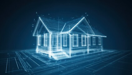 Architectural House Blueprint Design Wireframe Model of a Modern Home on a Dark Blue Background