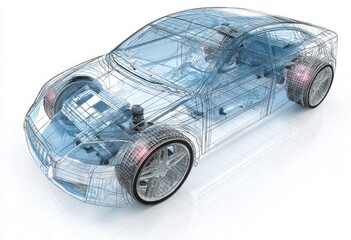 Wireframe Model of a Modern Sports Car Design, Detailed 3D Rendering Showing Interior and Exterior Features