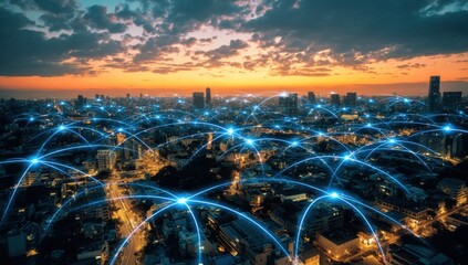Aerial View of Cityscape at Sunset with Network Connections