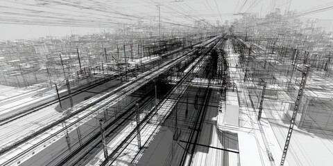 Abstract Cityscape Railway Sketch Monochrome Wireframe Rendering of Urban Infrastructure and Transportation Network