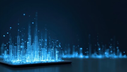 Futuristic Cityscape Hologram on Tablet Digital City, Smart Technology, and Urban Development Concept