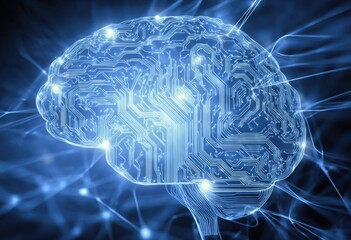 Abstract Digital Brain Circuitry Glowing Blue Neural Network and Connections