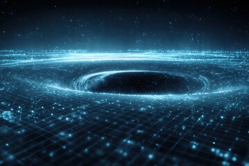 Abstract Digital Vortex Glowing Blue Grid and Particles in Dark Space