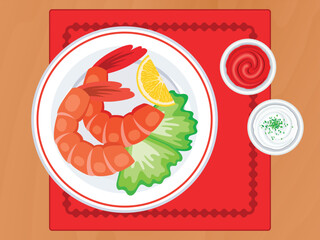 Cooked shrimps with salad and lemon on a plate top view vector illustration. Seafood on a wooden table above view vector. Prawn with red and cream dipping sauce on the table drawing