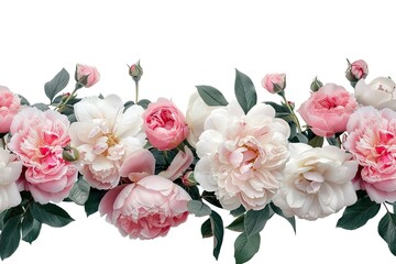 Pink Peonies and White Roses Isolated on White Background, Floral Banner