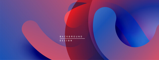 Abstract fluid shapes blend, creating vibrant gradients. Red, blue, purple hues dominate composition. Modern design element.