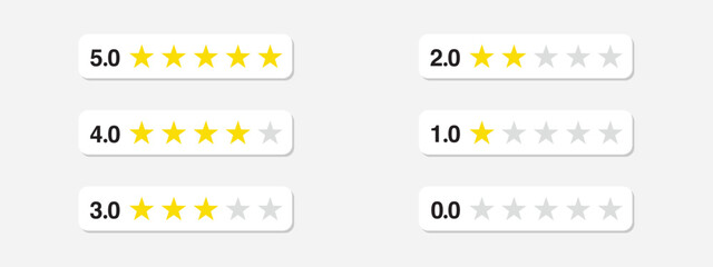 Customer rating icon set. Five stars customer product rate review flat icon. Customer review with 0-5 yellow stars. Service satisfaction, quality, good rate vector illustration