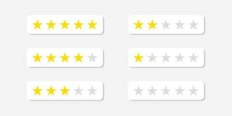 Customer rating icon set. Five stars customer product rate review flat icon. Customer review with 0-5 yellow stars. Service satisfaction, quality, good rate vector illustration