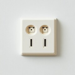 Off-white double electrical outlet wall plate with recessed sockets and rectangular switches, mounted on a light grey wall