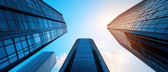 Modern Skyscrapers Reaching High into the Blue Sky at Sunset