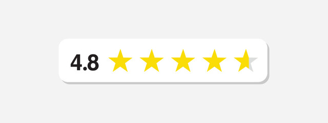 Five stars rate icon. 4,8 stars customer product rating review flat icon. Customer review with five yellow stars. Service satisfaction, quality, good rate vector illustration