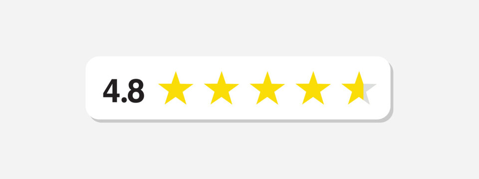 Five stars rate icon. 4,8 stars customer product rating review flat icon. Customer review with five yellow stars. Service satisfaction, quality, good rate vector illustration
