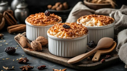 Rustic rice pudding with baked top crust, served with dried fruits and wooden utensils on a tray