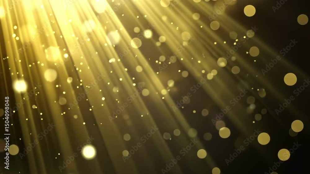 Poster golden light beams shimmer through dark background, creating magical atmosphere filled with particle