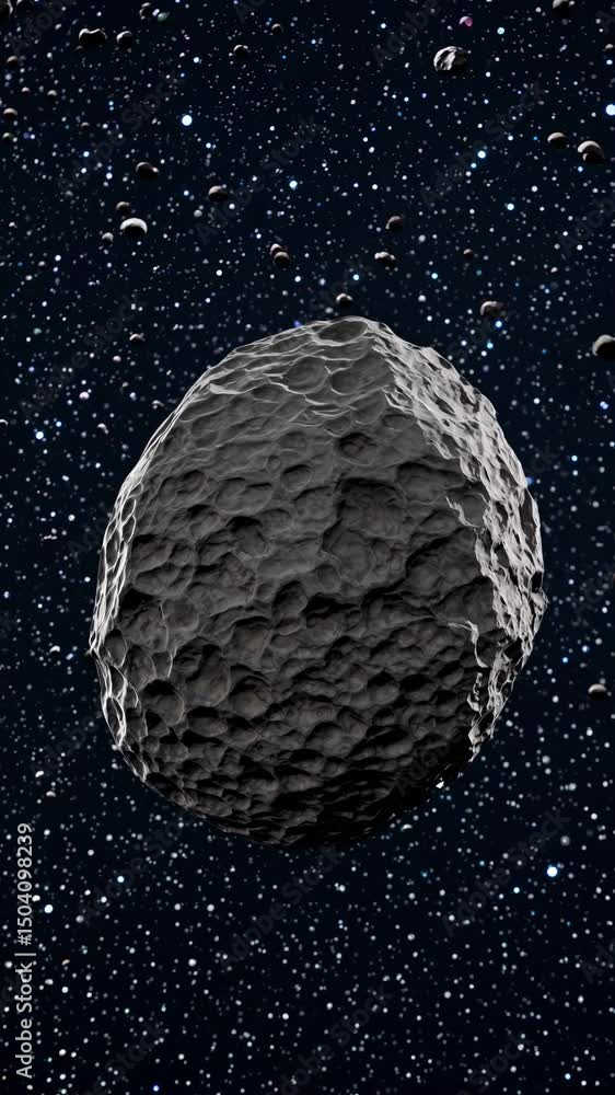 Poster a cosmic video scene with a wide-angle view of asteroids floating in space, creating a sense of dept