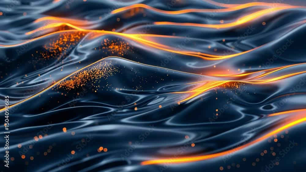 Poster abstract waves glowing orange highlights showcase fluid motion on dark reflective surface, creating 