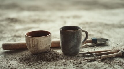 Rustic pottery cups and tools rest on dusty ground, evoking a sense of simplicity and craftsmanship in a serene setting.