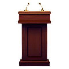 An old wooden podium stands near an isolated brown antique conference table, suggesting a vintage style for speeches or meetings